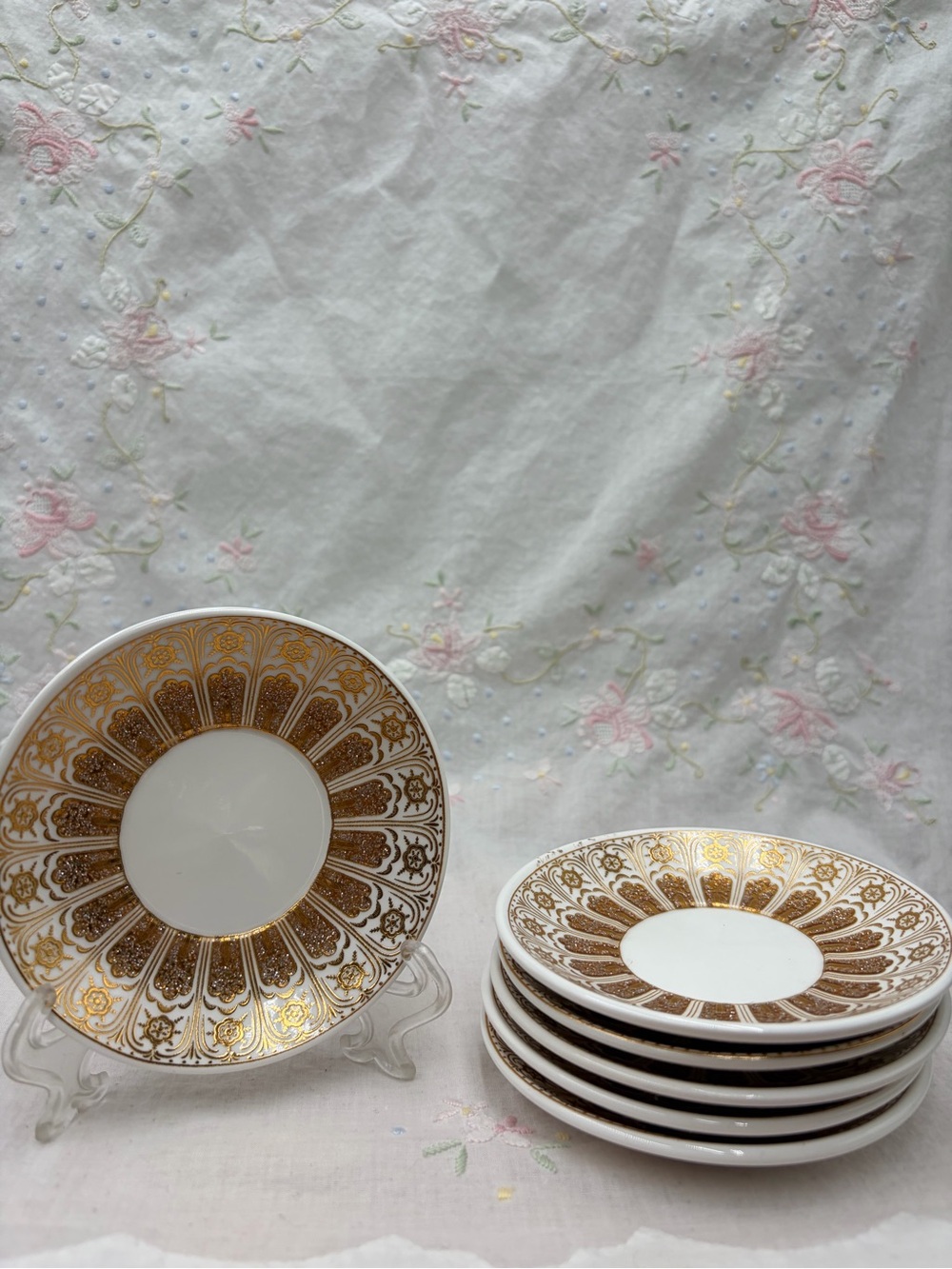 Elegant Raised Gold Pattern Porcelain Dessert Plates set of 6 - White and Gold